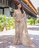 Ivory Cream Handloom Cotton Saree with Peacock & Floral Digital Print