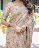 Ivory Cream Handloom Cotton Saree with Peacock & Floral Digital Print