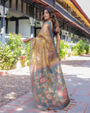 Maroon Handloom Cotton Saree with Intricate Peacock & Floral Art – Contrast Green Pallu