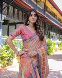Peach Pink Handloom Cotton Saree with Lotus & Bird Motifs and Navy Border Pallu