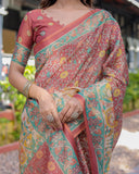 Rust Maroon Handloom Cotton Saree with Folk Procession Pallu & Floral Vine Print