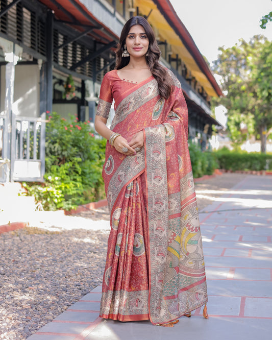 Rust Red Madhubani Fish Art Pure Handloom Cotton Saree with Contrast Blouse & Tassels