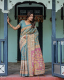 Turquoise Blue Handloom Cotton Saree with Multicolor Floral Pallu & Peach Border