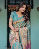 Turquoise Blue Handloom Cotton Saree with Multicolor Floral Pallu & Peach Border