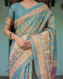 Turquoise Blue Handloom Cotton Saree with Multicolor Floral Pallu & Peach Border