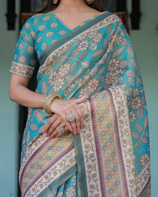 Teal Green Handloom Cotton Saree with Floral Print & Royal Bridal Procession Pallu