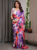 White Multicolor Watercolour Floral Print Satin Georgette Saree with Designer Attached Blouse – Premium Soft Flowing Fabric