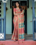 Terracotta Red Handloom Cotton Saree with Floral Vine Print & Dual-Toned Royal Motif Pallu