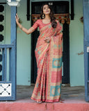 Terracotta Red Handloom Cotton Saree with Floral Vine Print & Dual-Toned Royal Motif Pallu