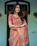 Terracotta Red Handloom Cotton Saree with Floral Vine Print & Dual-Toned Royal Motif Pallu