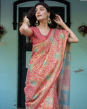 Terracotta Red Handloom Cotton Saree with Floral Vine Print & Dual-Toned Royal Motif Pallu