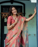 Terracotta Red Handloom Cotton Saree with Floral Vine Print & Dual-Toned Royal Motif Pallu