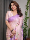 Blush Pink & Lavender Satin Georgette Floral Printed Saree with Attached Blouse – Soft Ombre Designer Saree for Festive & Elegant Wear