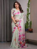 Mint Green Satin Georgette Floral Printed Saree with Attached Blouse – Soft Pastel Designer Saree with Watercolor Bloom Detailing