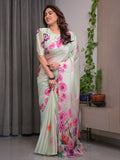 Mint Green Satin Georgette Floral Printed Saree with Attached Blouse – Soft Pastel Designer Saree with Watercolor Bloom Detailing