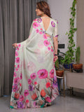 Mint Green Satin Georgette Floral Printed Saree with Attached Blouse – Soft Pastel Designer Saree with Watercolor Bloom Detailing