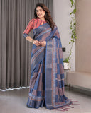 Slate Blue Handloom Linen Saree with Copper Zari Border & Geometric Digital Block Prints | Contrast Tassels & Attached Blouse | 5.5m Saree + 0.8m Blouse