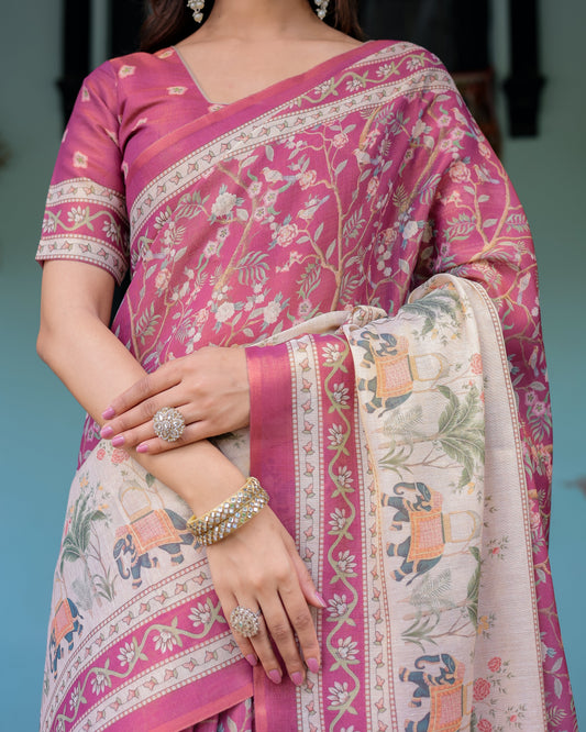 Rose Pink Handloom Cotton Saree with Ivory Elephant Procession Pallu & Floral Print