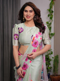 Mint Green Satin Georgette Floral Printed Saree with Attached Blouse – Soft Pastel Designer Saree with Watercolor Bloom Detailing