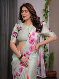 Mint Green Satin Georgette Floral Printed Saree with Attached Blouse – Soft Pastel Designer Saree with Watercolor Bloom Detailing