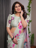 Mint Green Satin Georgette Floral Printed Saree with Attached Blouse – Soft Pastel Designer Saree with Watercolor Bloom Detailing