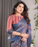 Slate Blue Handloom Linen Saree with Copper Zari Border & Geometric Digital Block Prints | Contrast Tassels & Attached Blouse | 5.5m Saree + 0.8m Blouse