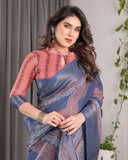 Slate Blue Handloom Linen Saree with Copper Zari Border & Geometric Digital Block Prints | Contrast Tassels & Attached Blouse | 5.5m Saree + 0.8m Blouse