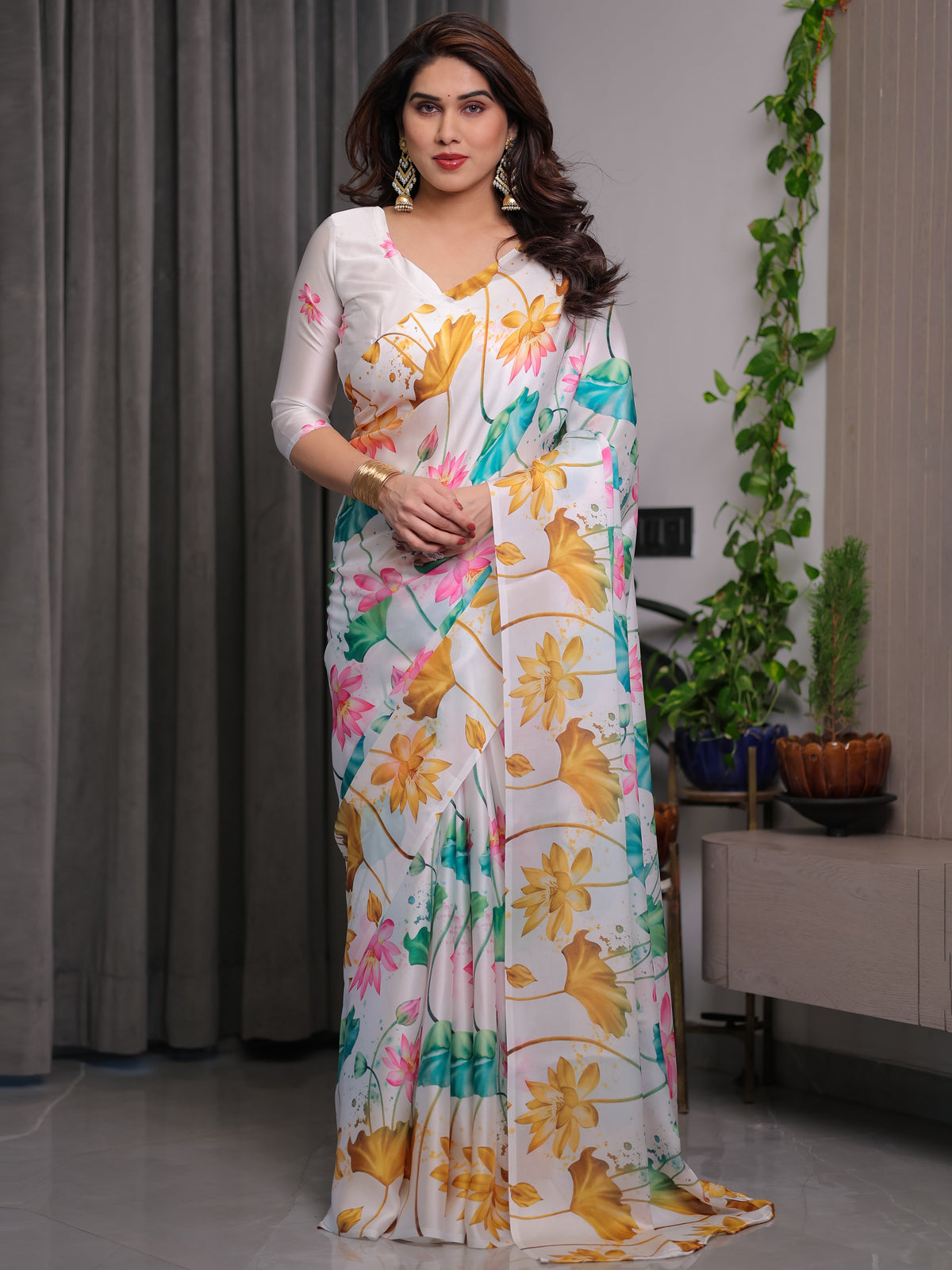 White Satin Georgette Lotus Floral Printed Saree with Attached Blouse – Elegant Watercolor Designer Saree for Festive & Graceful Occasions