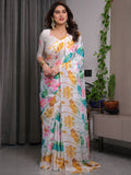 White Satin Georgette Lotus Floral Printed Saree with Attached Blouse – Elegant Watercolor Designer Saree for Festive & Graceful Occasions