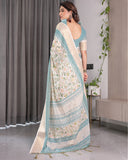 Ivory White Handloom Linen Saree with Aqua Floral Print & Gold Zari Border | Printed Pallu with Tassels | 5.5m Saree + 0.8m Blouse