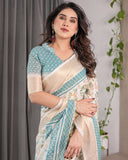 Ivory White Handloom Linen Saree with Aqua Floral Print & Gold Zari Border | Printed Pallu with Tassels | 5.5m Saree + 0.8m Blouse