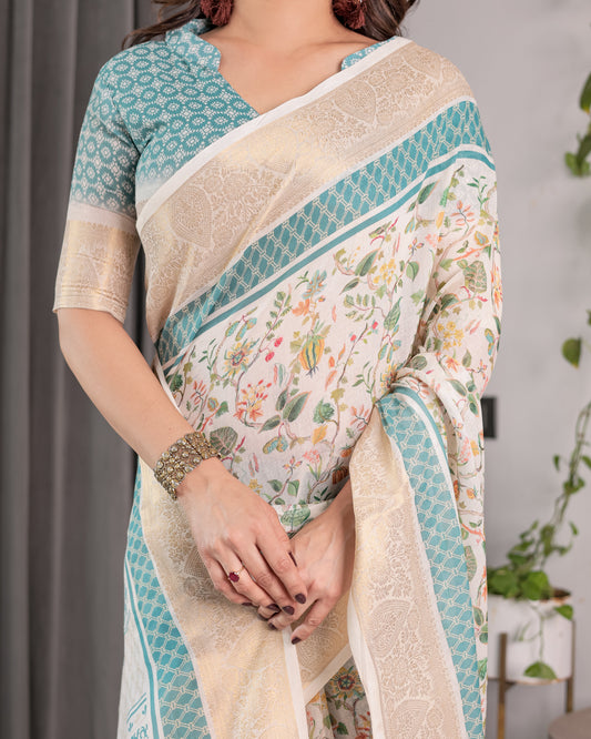 Ivory White Handloom Linen Saree with Aqua Floral Print & Gold Zari Border | Printed Pallu with Tassels | 5.5m Saree + 0.8m Blouse