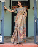 Rust Beige Handloom Cotton Saree with Royal Animal Caravan & Scenic Village Pallu