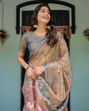 Rust Beige Handloom Cotton Saree with Royal Animal Caravan & Scenic Village Pallu