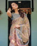 Rust Beige Handloom Cotton Saree with Royal Animal Caravan & Scenic Village Pallu