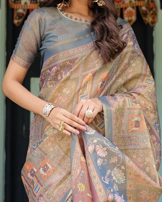 Rust Beige Handloom Cotton Saree with Royal Animal Caravan & Scenic Village Pallu