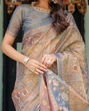 Rust Beige Handloom Cotton Saree with Royal Animal Caravan & Scenic Village Pallu