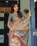 Rust Beige Handloom Cotton Saree with Royal Animal Caravan & Scenic Village Pallu