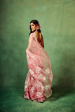 Rose Pink Pure Organza Saree with Hand-Painted Multi-Floral Motifs & Sequin Highlights | Satin Blouse