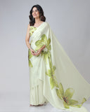 Mint Bloom Designer Freehand Floral Print Saree in Georgette Satin – Ready to Wear Elegance