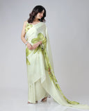 Mint Bloom Designer Freehand Floral Print Saree in Georgette Satin – Ready to Wear Elegance