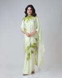 Mint Bloom Designer Freehand Floral Print Saree in Georgette Satin – Ready to Wear Elegance