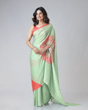 Mint Green & Coral Designer Freehand Printed Saree in Georgette Satin – Ready to Wear with Abstract Peacock Motif