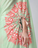 Mint Green & Coral Designer Freehand Printed Saree in Georgette Satin – Ready to Wear with Abstract Peacock Motif