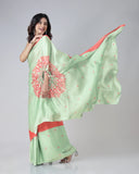 Mint Green & Coral Designer Freehand Printed Saree in Georgette Satin – Ready to Wear with Abstract Peacock Motif