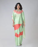 Mint Green & Coral Designer Freehand Printed Saree in Georgette Satin – Ready to Wear with Abstract Peacock Motif