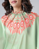 Mint Green & Coral Designer Freehand Printed Saree in Georgette Satin – Ready to Wear with Abstract Peacock Motif