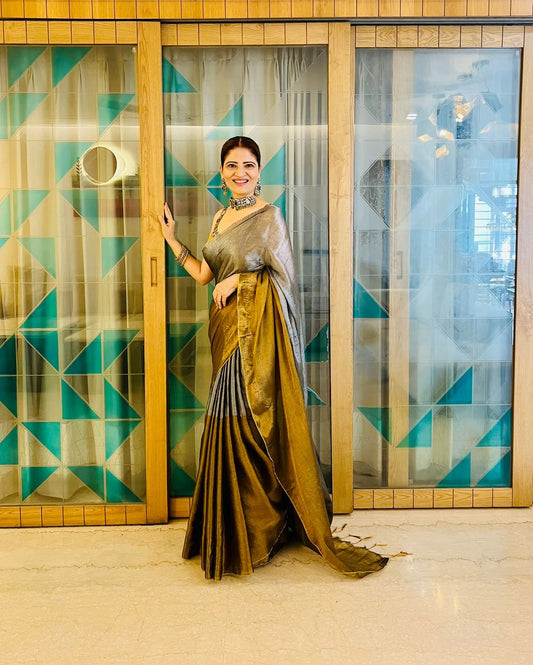 Mustard Glow with Silver Sparkle Raga Tissue Saree