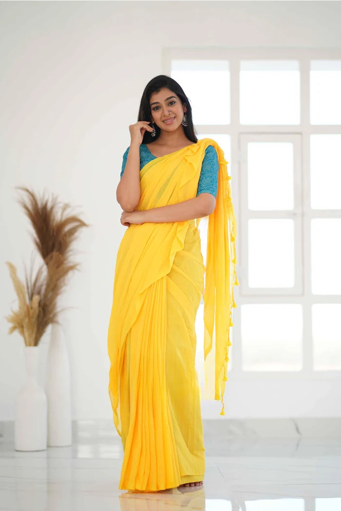 Yellow Khadi Cotton Saree With Sky Printed Blouse