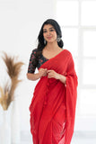 Red Khadi Cotton Saree With Black Printed Blouse